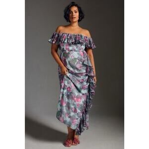 Anthropologie x Hutch Off The Shoulder Dress Floral Ruffled Green Pink Size 16W